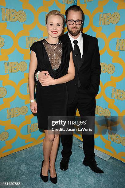 Actress Alison Pill and actor Joshua Leonard attend HBO's post Golden Globe Awards party at The Beverly Hilton Hotel on January 11, 2015 in Beverly...