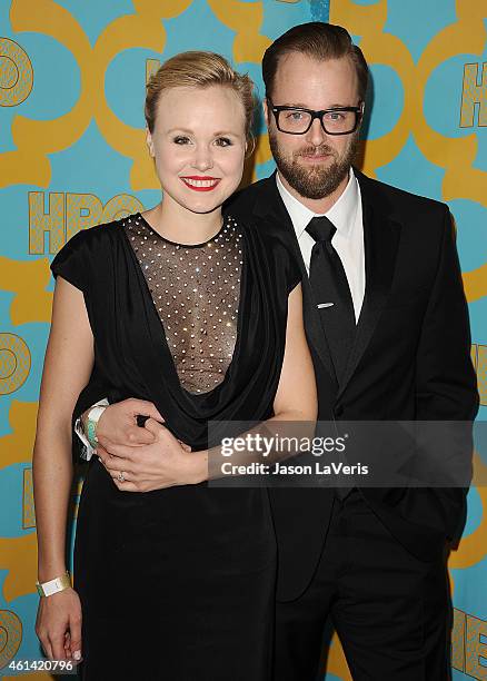 Actress Alison Pill and actor Joshua Leonard attend HBO's post Golden Globe Awards party at The Beverly Hilton Hotel on January 11, 2015 in Beverly...