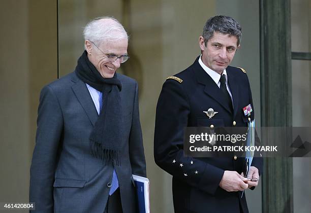 Paris police prefect Bernard Boucault and General-director of the French Gendarmerie, General Denis Favier , leave the Elysee Palace after a security...