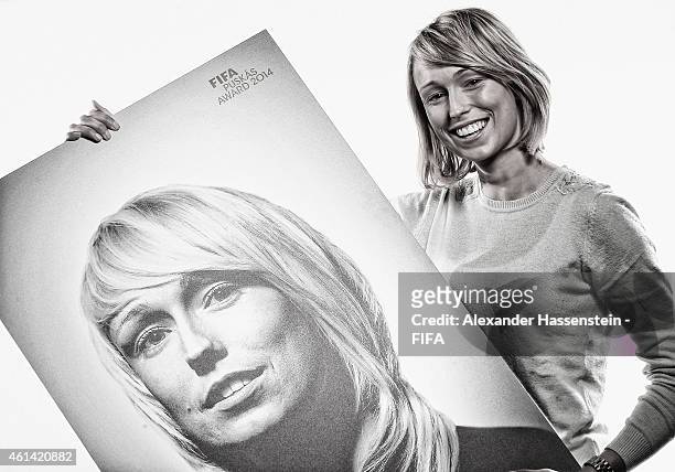Puskas Award nominee Stephanie Roche of Republic of Ireland and Albi poses for a photo prior to the FIFA Ballon d'Or Gala 2014 at the Park Hyatt...