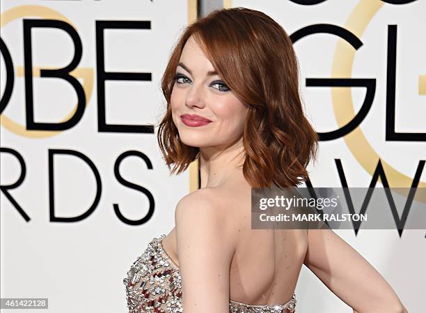 Actress Emma Stone arrives on the red carpet for the 72nd annual Golden Globe Awards, January 11, 2015 at the Beverly Hilton Hotel in Beverly Hills,...