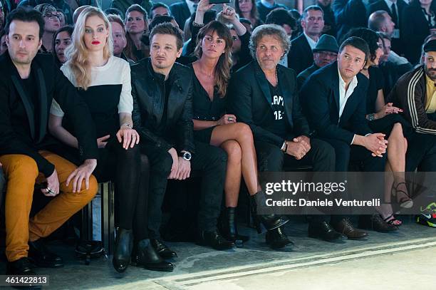 Matteo Ceccarini, Eva Riccobono, Jeremy Renner, Arianna Lessi, Renzo Rosso, Matteo Renzi and Agnese Renzi attend Diesel Black Gold during the Pitti...