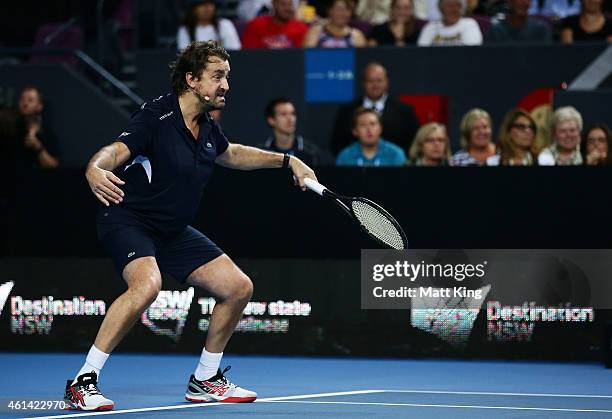 Henri Leconte of France gestures in the Legends match at Qantas Credit Union Arena on January 12, 2015 in Sydney, Australia.