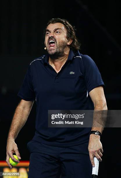 Henri Leconte of France gestures in the Legends match at Qantas Credit Union Arena on January 12, 2015 in Sydney, Australia.