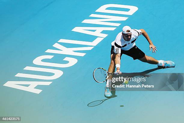 Jack Sock of the USA plays a forehand against Roberto Bautista Agut of Spain during day four of the Heineken Open at ASB Tennis Centre on January 9,...