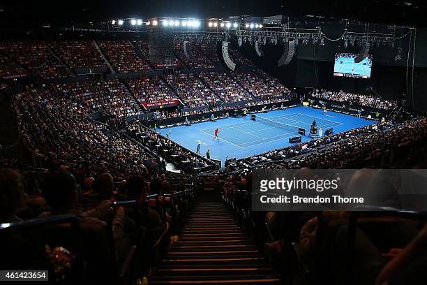 General view of play between Roger Federer of Switzerland and Lleyton Hewitt of Australia during their match at Qantas Credit Union Arena on January...