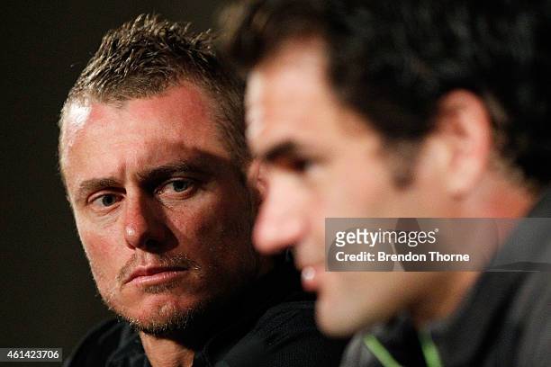 Lleyton Hewitt of Australia speaks to the media following his against Roger Federer of Switzerland at Qantas Credit Union Arena on January 12, 2015...