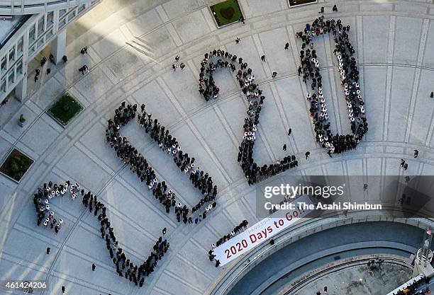 In this aerial image, participants form the shape of 2020 and attent The "2020 Days to Tokyo 2020" Event on January 12, 2015 in Tokyo, Japan. The...