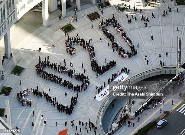 In this aerial image, participants form the shape of 2020 and attent The "2020 Days to Tokyo 2020" Event on January 12, 2015 in Tokyo, Japan. The...