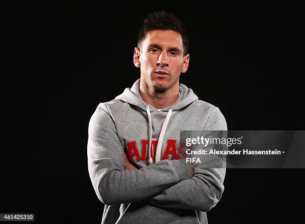 Ballon d'Or nominee Lionel Messi of Argentina and Barcelona poses for a portrait prior to the FIFA Ballon d'Or Gala 2014 at the Park Hyatt hotel on...