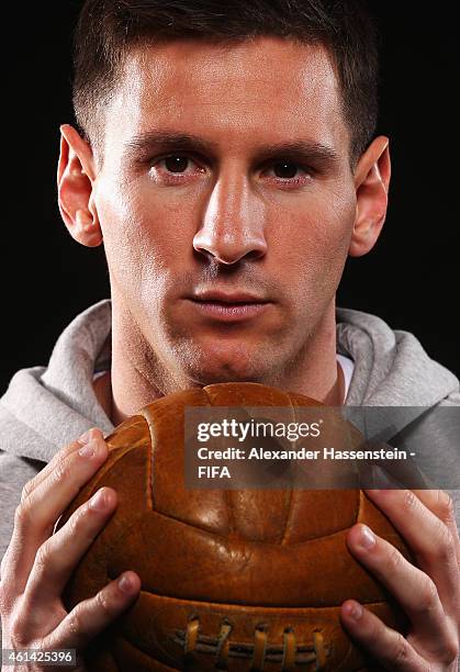 Ballon d'Or nominee Lionel Messi of Argentina and Barcelona poses for a portrait prior to the FIFA Ballon d'Or Gala 2014 at the Park Hyatt hotel on...