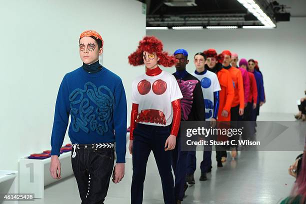 Model walks the runway during the rehearsal of the Katie Eary show at the London Collections: Men AW15 at Victoria House on January 12, 2015 in...