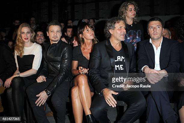 Eva Riccobono, Jeremy Renner, Arianna Lessi, Renzo Rosso and Matteo Renzi attend Diesel Black Gold fashion show during Pitti Immagine Uomo 85 on...