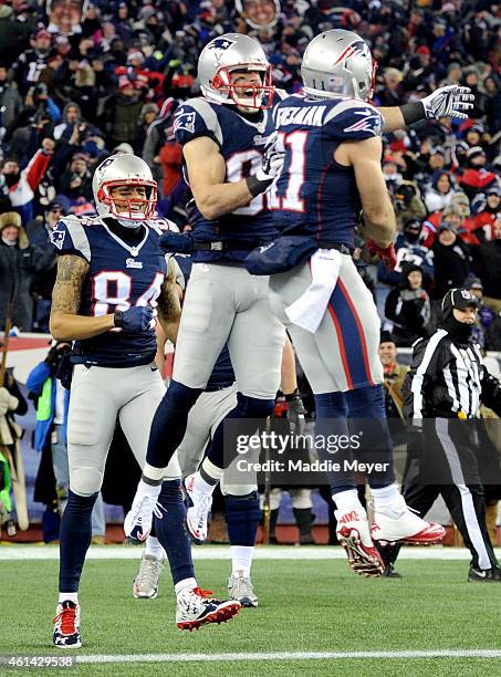 Julian Edelman and Danny Amendola of the New England Patriots react after Amendola caught a touchdown pass during the second half of the 2015 AFC...