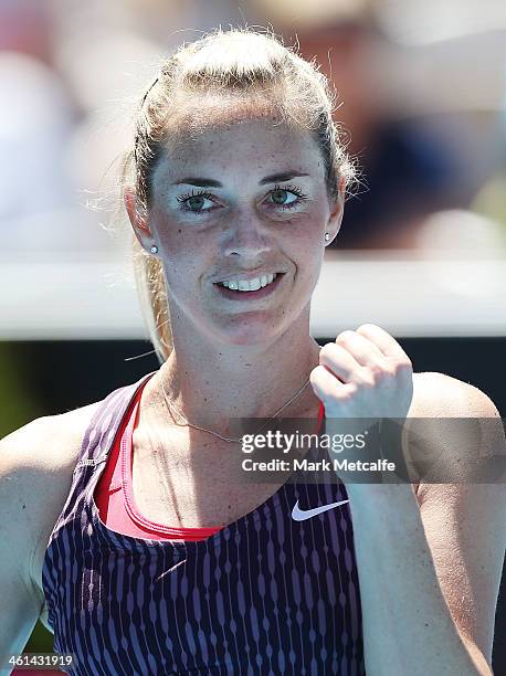 Klara Zakopalova of the Czech Republic celebrates winning match point in her quarter final match against Alison Riske of the USA during day five of...