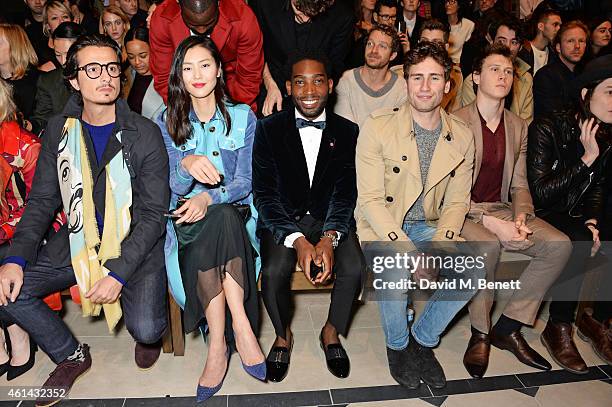 Ali F. Mostafa, Liu Wen, Tinie Tempah, Ed Holcroft, George Mackay and James Bay attends the front row at Burberry Prorsum AW15 London Collections:...