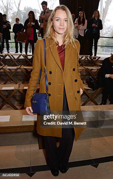 Immy Waterhouse attends the front row at Burberry Prorsum AW15 London Collections: Men at Kensington Gardens on January 12, 2015 in London, England.