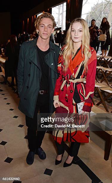 Ben Nordberg and Hannah Dodd attend the front row at Burberry Prorsum AW15 London Collections: Men at Kensington Gardens on January 12, 2015 in...