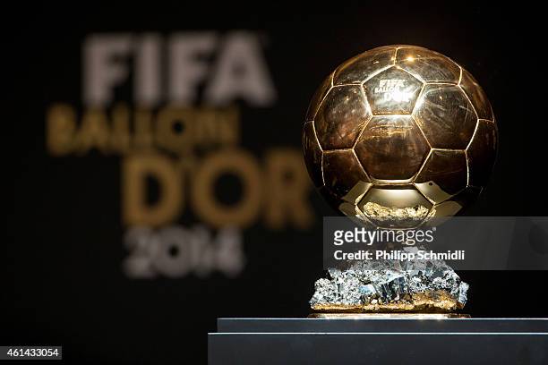 The FIFA Ballon d'Or trophy on display during a press conference prior to the FIFA Ballon d'Or Gala 2014 at the Kongresshaus on January 12, 2015 in...