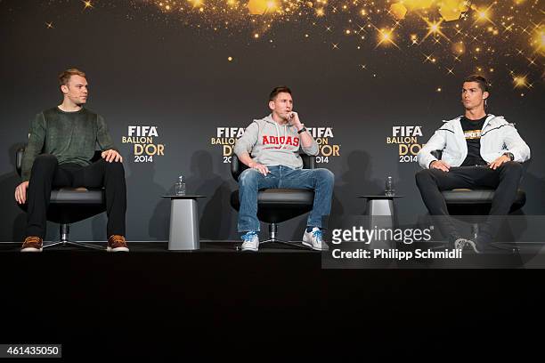 Ballon d'Or nominees Manuel Neuer of Germany and FC Bayern Munich, Lionel Messi of Argentina and FC Barcelona and Cristiano Ronaldo of Portugal and...