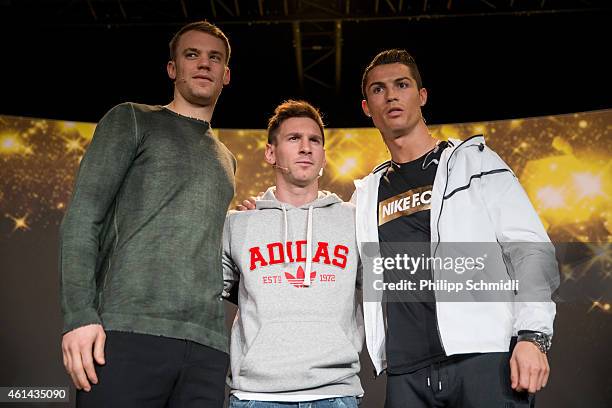 Ballon d'Or nominees Manuel Neuer of Germany and FC Bayern Munich, Lionel Messi of Argentina and FC Barcelona and Cristiano Ronaldo of Portugal and...