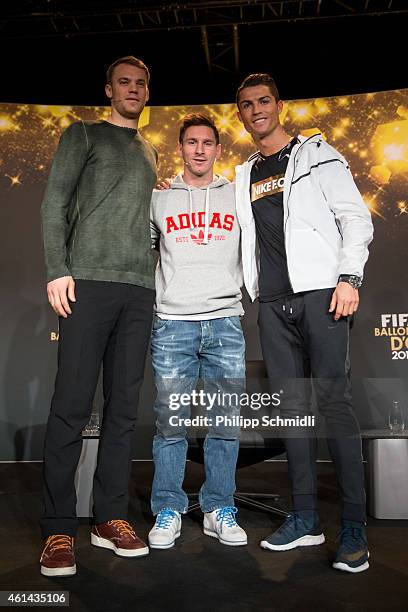 Ballon d'Or nominees Manuel Neuer of Germany and FC Bayern Munich, Lionel Messi of Argentina and FC Barcelona and Cristiano Ronaldo of Portugal and...