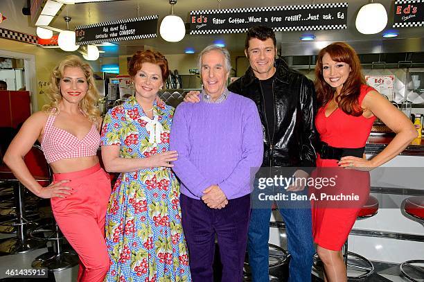 Heidi Range, Cheryl Baker, Henry Winkler, Ben Freeman and Amy Anzel attend a photocall for new musical "Happy Days" at Ed's Easy Diner on January 8,...