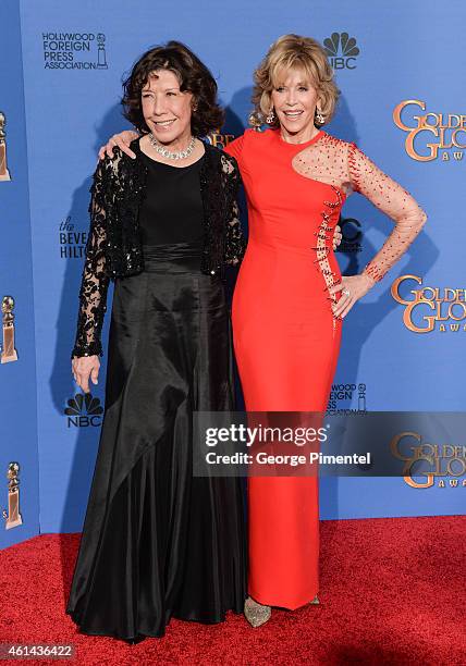 Actors Lily Tomlin and Jane Fonda pose in the press room during the 72nd Annual Golden Globe Awards at The Beverly Hilton Hotel on January 11, 2015...