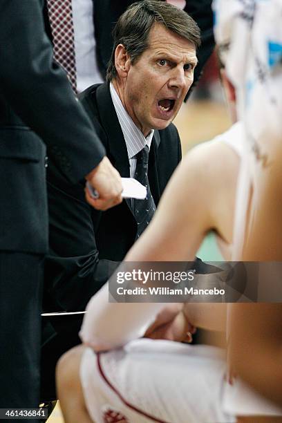 Head coach Ken Bone of the Washington State Cougars directs his players during a timeout in the first half against the Colorado Buffaloes at Spokane...