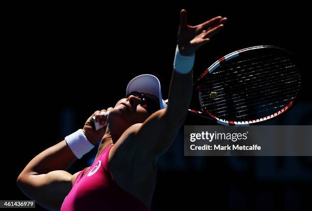 Sam Stosur of Australia serves in her quarter final match against Bojana Jovanovski of Serbia during day five of the Moorilla Hobart International at...