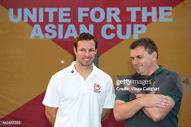 Socceroos Captain Lucas Neill and coach Ange Postecoglou during the AFC Asian Cup 'One Year To Go' media session at Federation Square on January 9,...