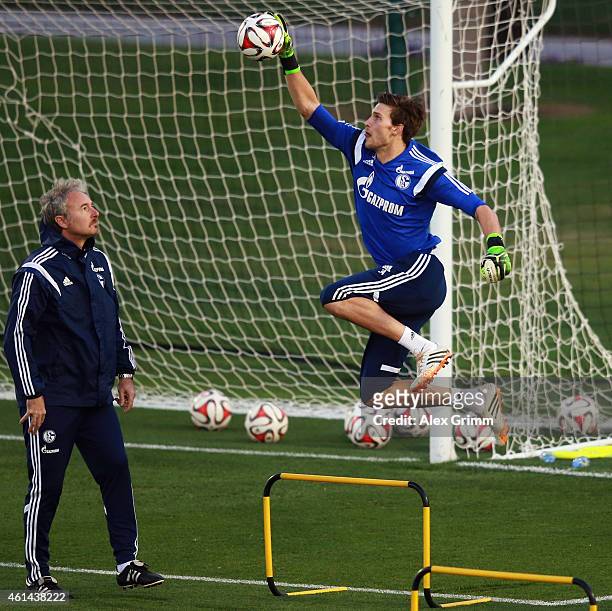 Goalkeeper Fabian Giefer catches the ball during day 7 of the FC Schalke 04 training camp at the ASPIRE Academy for Sports Excellence on January 12,...