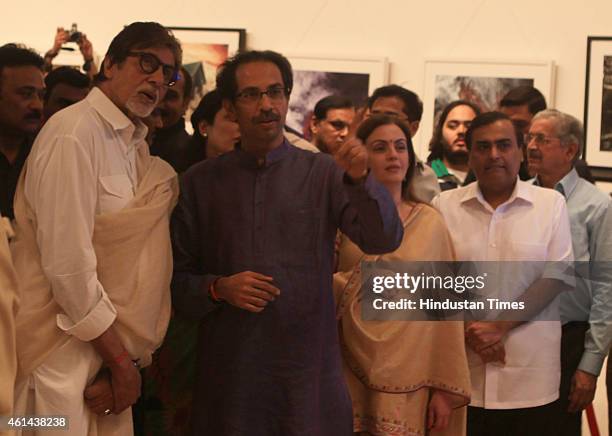 Bollywood actor Amitabh Bachchan, businessman Mukesh Ambani and his wife Nita Ambani and Shiv Sena President Uddhav Thackeray at Uddhav Thackeray's...