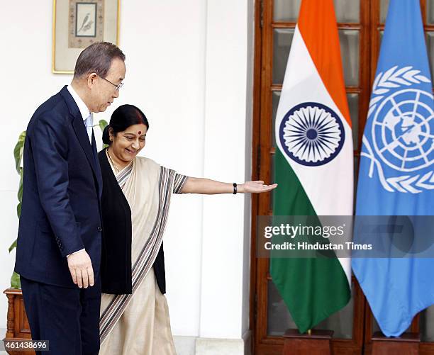 Secretary General Ban Ki-moon with External Affairs Minister Sushma Swaraj ahead of their meeting on January 12, 2015 in New Delhi, India.