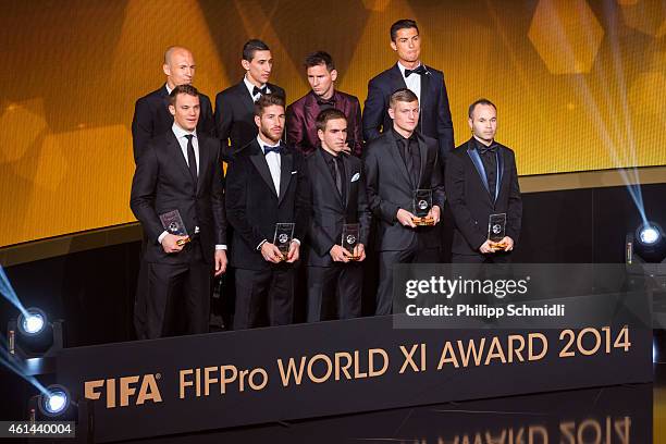 The FIFA FIFPro World XI for 2014 receive their awards during the FIFA Ballon d'Or Gala 2014 at the Kongresshaus on January 12, 2015 in Zurich,...