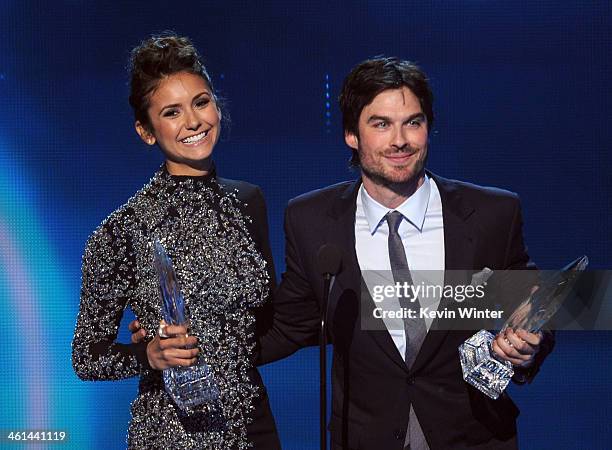 Actors Nina Dobrev and Ian Somerhalder, winners of the Favorite On Screen Chemistry award for "The Vampire Diaries," speak onstage at The 40th Annual...