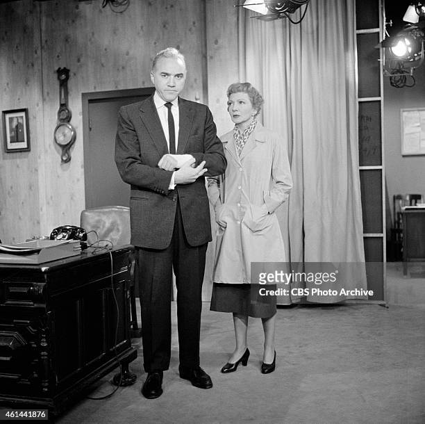 Lorne Greene as Dr. Charles Saunders and Claudette Colbert as Dr. Jane Everest in the CLIMAX! episode, "Private Worlds." Image dated April 7, 1955.