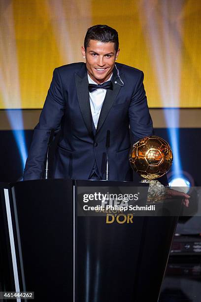 Ballon d'Or winner Cristiano Ronaldo of Portugal and Real Madrid speaks during the FIFA Ballon d'Or Gala 2014 at the Kongresshaus on January 12, 2015...