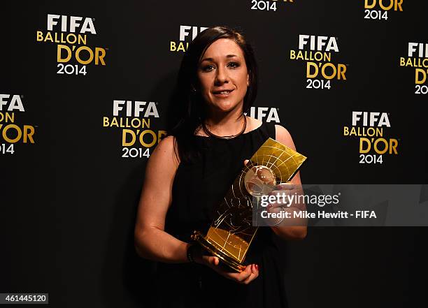 Women's World Player of the Year winner Nadine Kessler of Germany and VfL Wolfsburg poses with her award during the FIFA Ballon d'Or Gala 2014 at the...