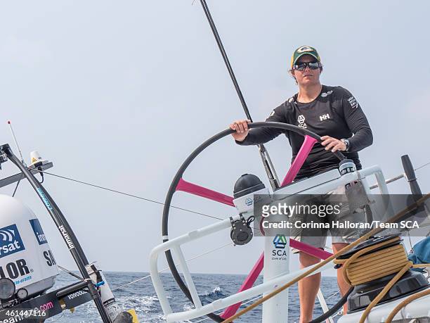In this handout image provided by the Volvo Ocean Race, onboard MAPFRE. Game Day! Sally Barkow, a Wisconsin native, shows her support for her...