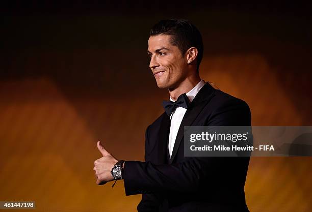 Ballon d'Or winner Cristiano Ronaldo of Portugal and Real Madrid gives the thumbs up during the FIFA Ballon d'Or Gala 2014 at the Kongresshaus on...