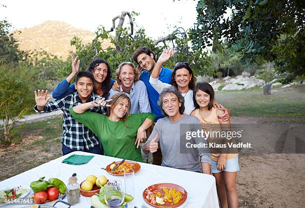 group photo of multigenerational family - summer comedies party stockfoto's en -beelden