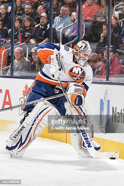 Goaltender Chad Johnson of the New York Islanders skates against the Columbus Blue Jackets on January 10, 2015 at Nationwide Arena in Columbus, Ohio.