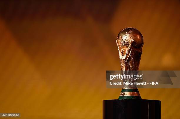 The FIFA World Cup Trophy is displayed during the FIFA Ballon d'Or Gala 2014 at the Kongresshaus on January 12, 2015 in Zurich, Switzerland.