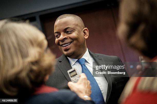 Anthony Foxx, U.S. Transportation secretary, speaks to members of the media after making an address at the Transportation Research Board annual...