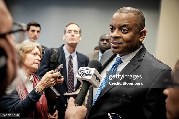 Anthony Foxx, U.S. Transportation secretary, speaks to members of the media after making an address at the Transportation Research Board annual...