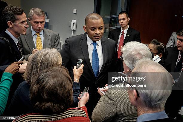 Anthony Foxx, U.S. Transportation secretary, speaks to members of the media after making an address at the Transportation Research Board annual...