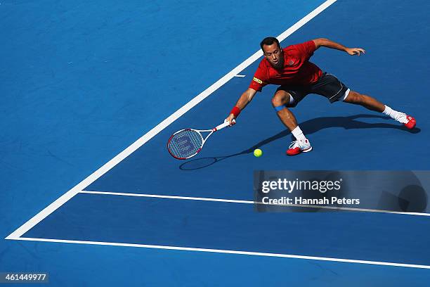 Philipp Kohlschreiber of Germany plays a forehand against John Isner of the USA during day four of the Heineken Open at ASB Tennis Centre on January...