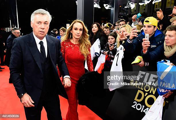 World Coach of the Year for Men's Football nominee Carlo Ancelotti of Italy and Real Madrid and wife Mariann Barrena McClay arrive at the FIFA Ballon...