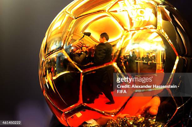Close up view of the FIFA Ballon d'Or trophy won by Cristiano Ronaldo of Portugal and Real Madrid during the FIFA Ballon d'Or Gala 2014 at the...